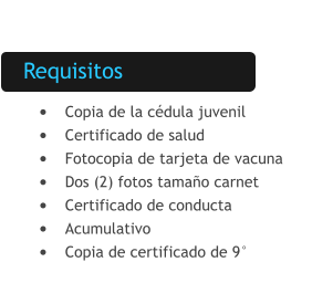 Requisitos •	Copia de la cédula juvenil •	Certificado de salud •	Fotocopia de tarjeta de vacuna •	Dos (2) fotos tamaño carnet •	Certificado de conducta •	Acumulativo •	Copia de certificado de 9°